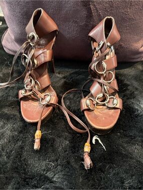 Gucci Brown Leather Lace-Up High Heel Sandals with Ring Accents